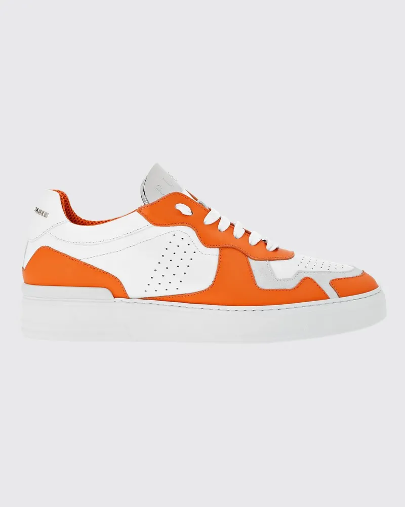 Philipp Plein Zweifarbige Low-Top Sneakers aus Glattleder mit perforierter Spitze und Logo hinten Orange