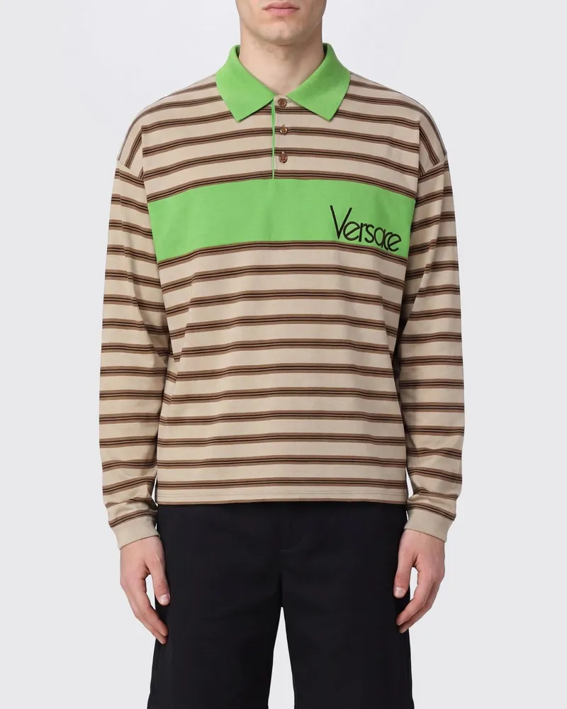 Versace Gestreiftes Langarm-Poloshirt aus Baumwolle mit geripptem Kragen Bunt