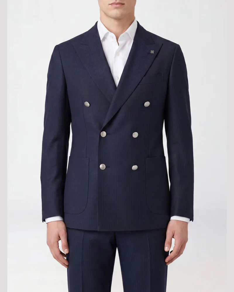 Tagliatore Zweireihiger Blazer von aus reiner Schurwolle mit fallendem Revers Blau
