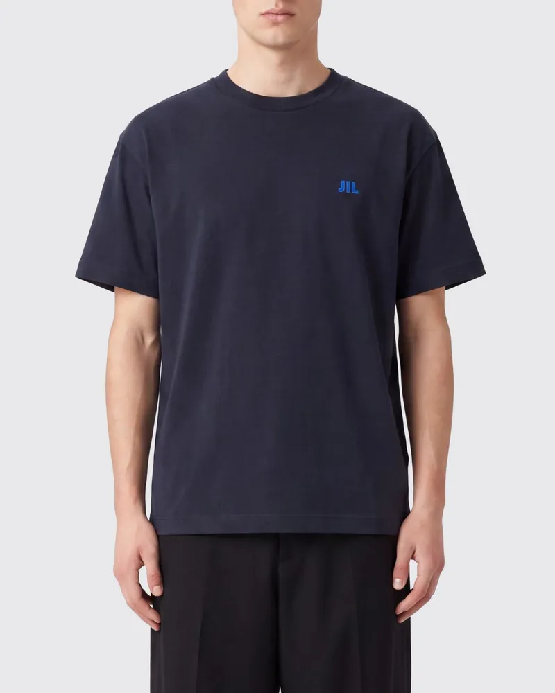 Jil Sander Rundhals-T-Shirt aus Baumwolle von mit Kontrastlogo auf der Brust Blau