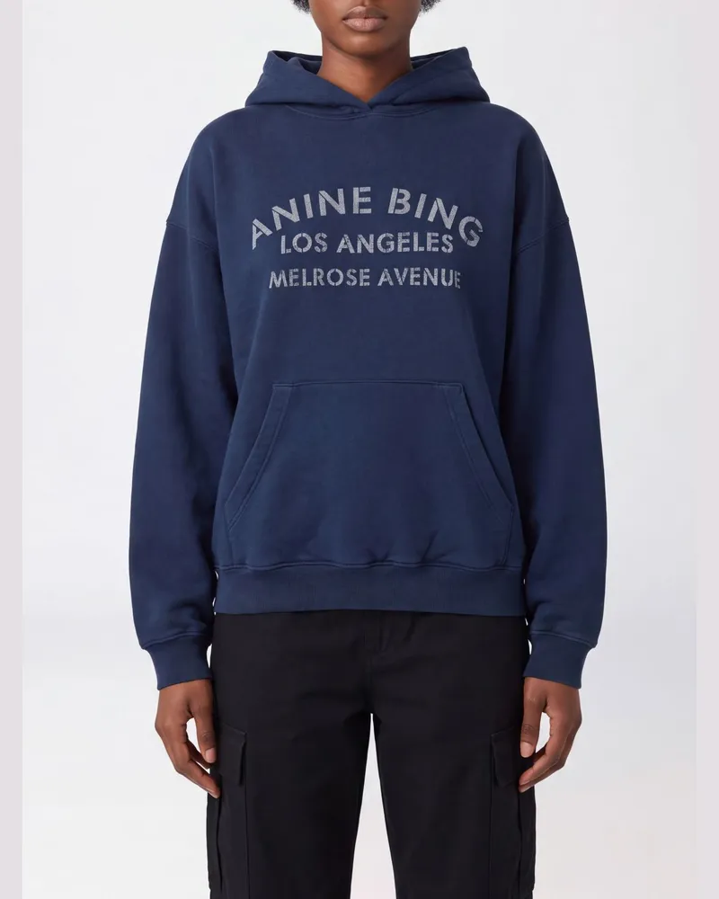 Anine Bing Baumwoll-Hoodie mit Kontrastlogo und Kängurutasche Blau