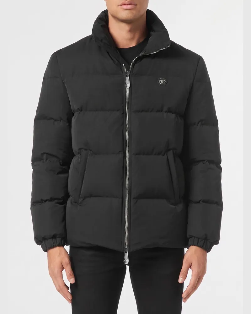 Philipp Plein Nylon Daunenjacke mit Logo und Slogan Schwarz