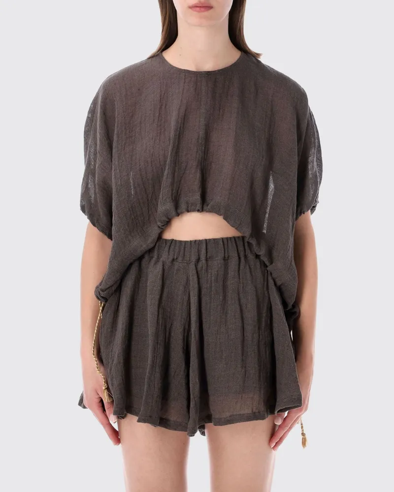 120% Lino Cropped-Top aus Leinen mit Rundhalsausschnitt und kurzen Ärmeln Braun