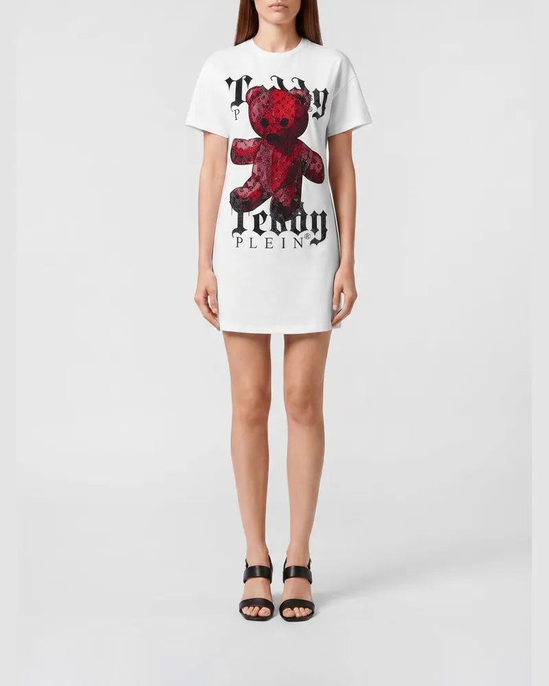 Philipp Plein Slim Fit T-Shirt-Minikleid von mit Teddybär-Print und Strass Weiß