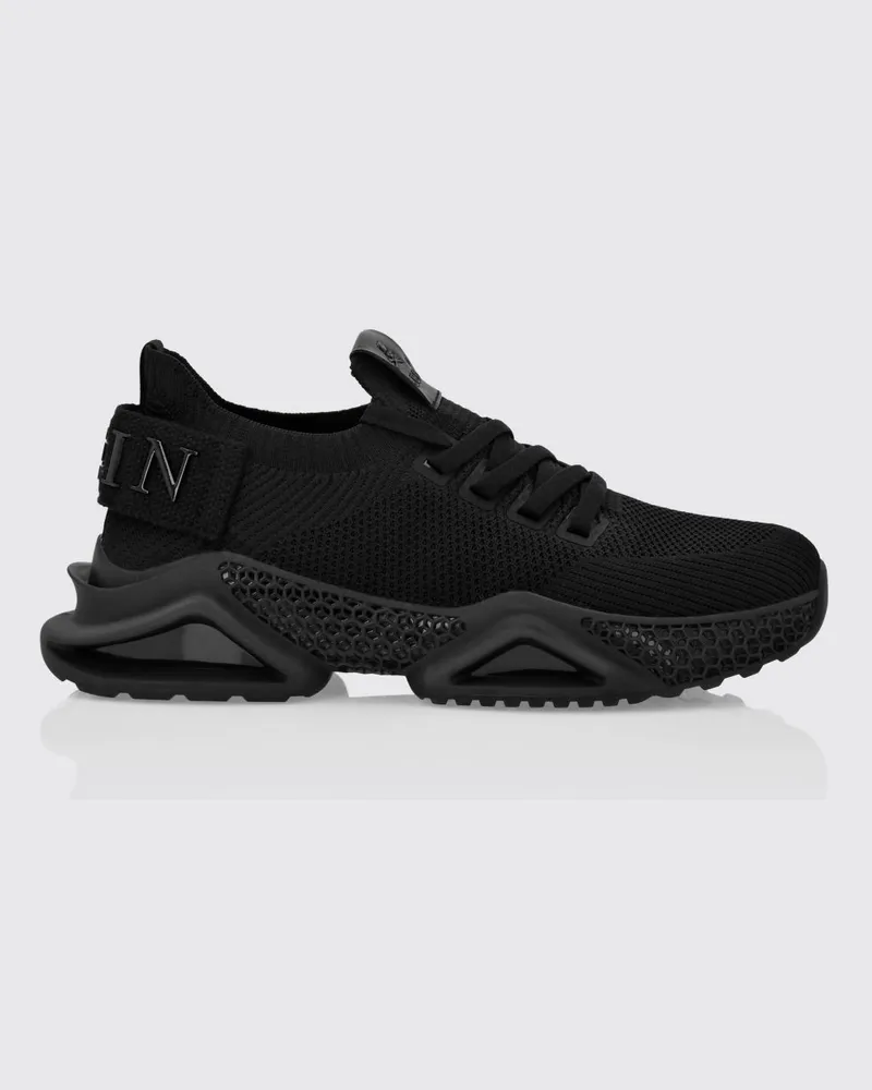 Philipp Plein Niedrige Sneakers aus Häkelstrick mit elastischem Knöchelbereich und Logo Schwarz