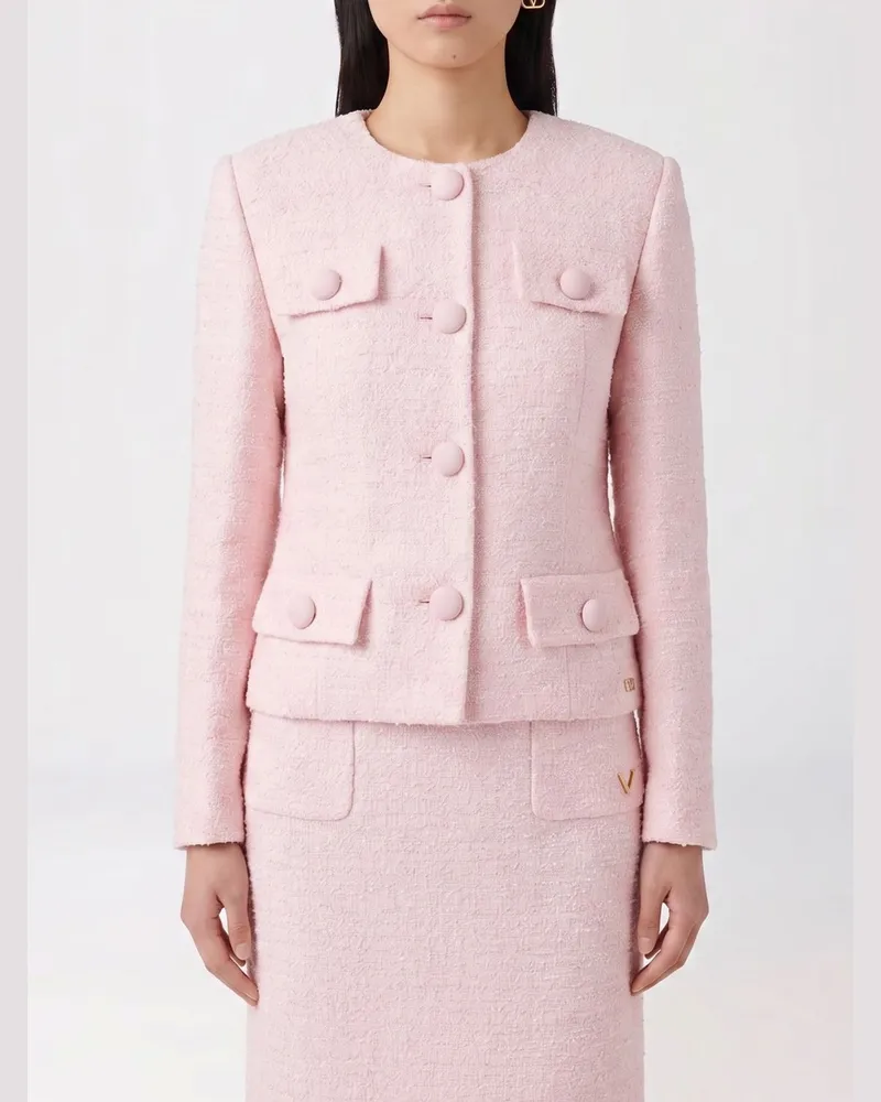 Valentino Garavani Kurzer Slim-Fit-Blazer aus Tweed mit Rundhalsausschnitt Pink