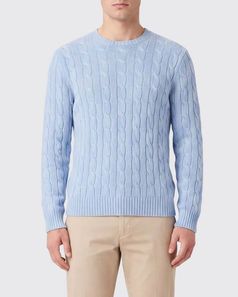 Ralph Lauren Zopfstrickpullover mit Rundhalsausschnitt aus 100% Kaschmir Hellblau