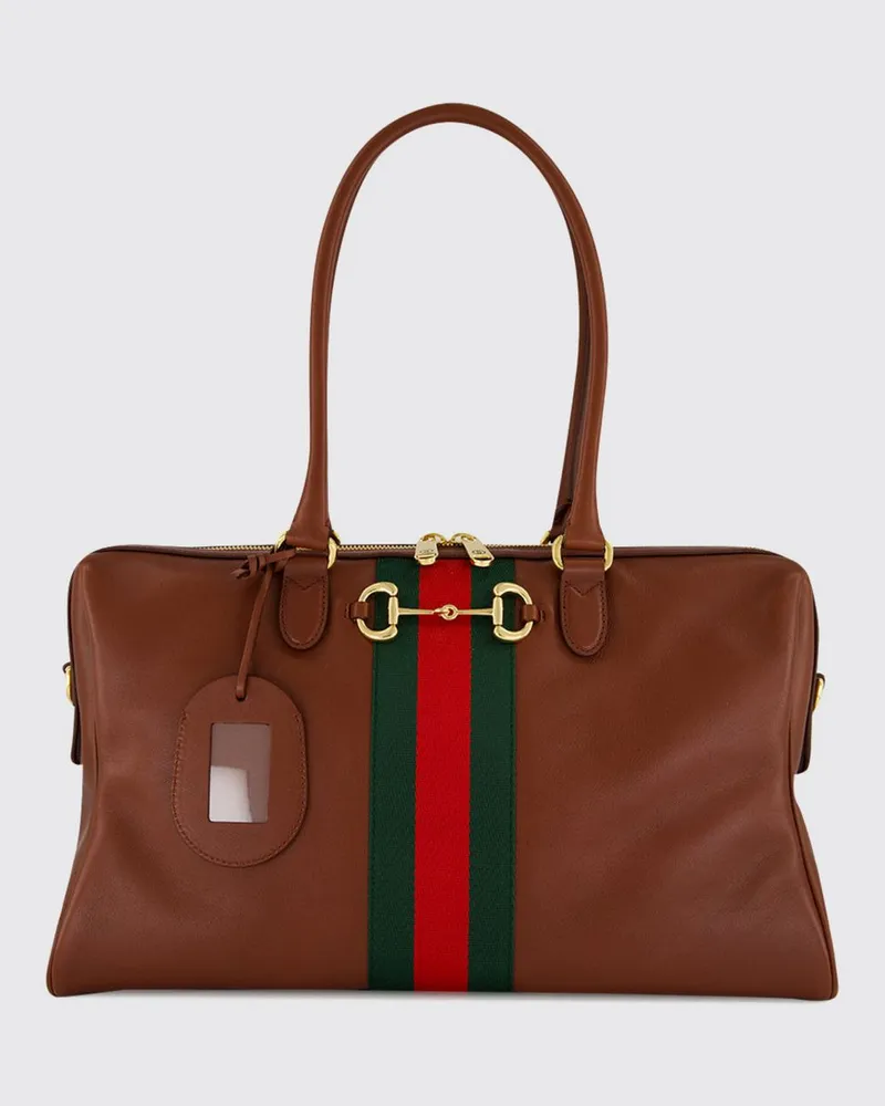 Gucci Schultertasche aus Kalbsleder mit Horsebit-Detail und Webstreifen Braun