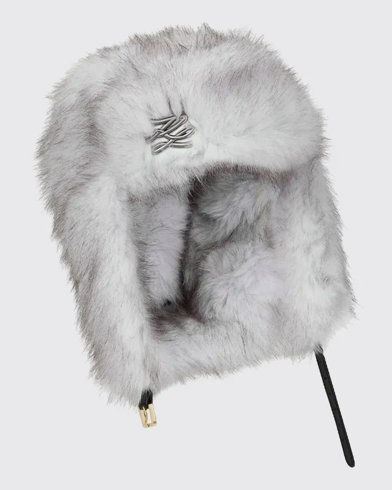 Karl Lagerfeld Zweifarbige Beanie-Mütze aus Kunstpelz mit Monogramm-Muster Weiß