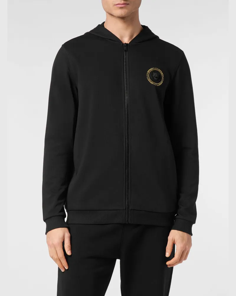 Philipp Plein Jersey-Kapuzenjacke mit Reißverschluss mit Kontrastlogo Schwarz
