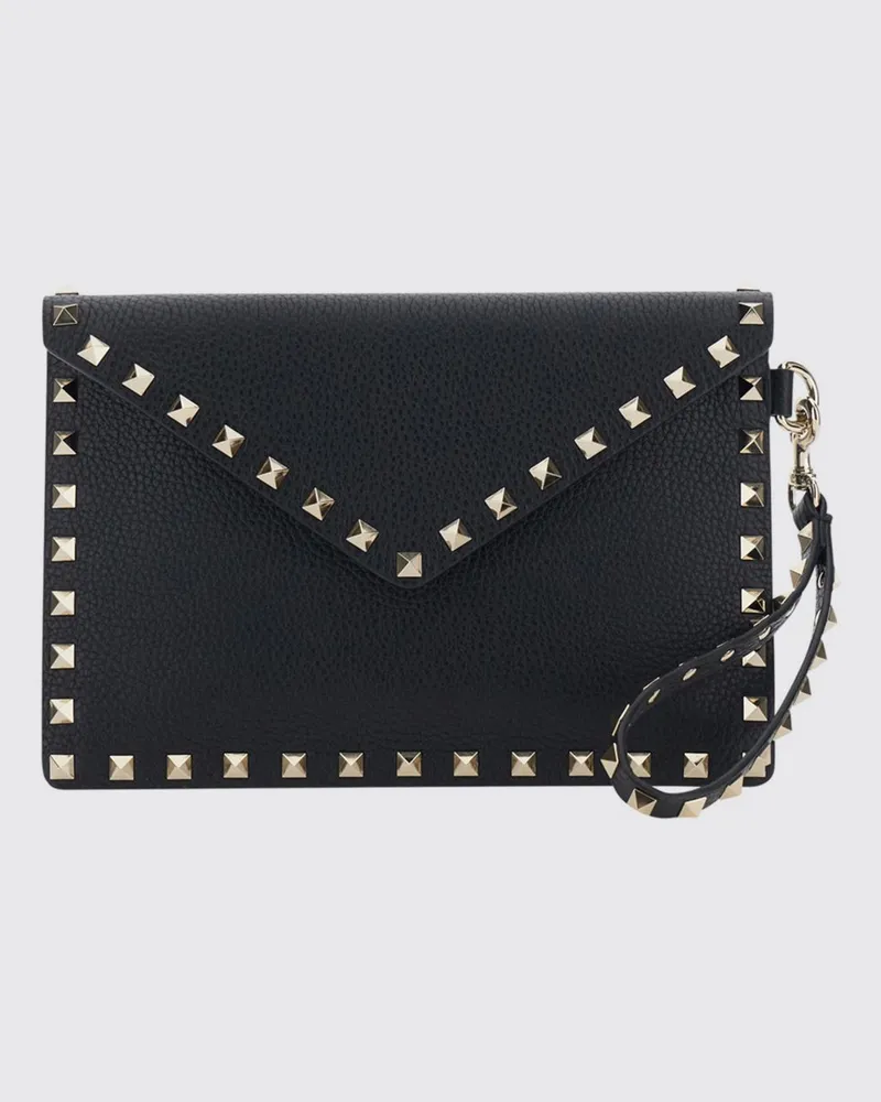 Valentino Garavani Rockstud Umschlag-Clutch aus genarbtem Leder mit Nieten Schwarz