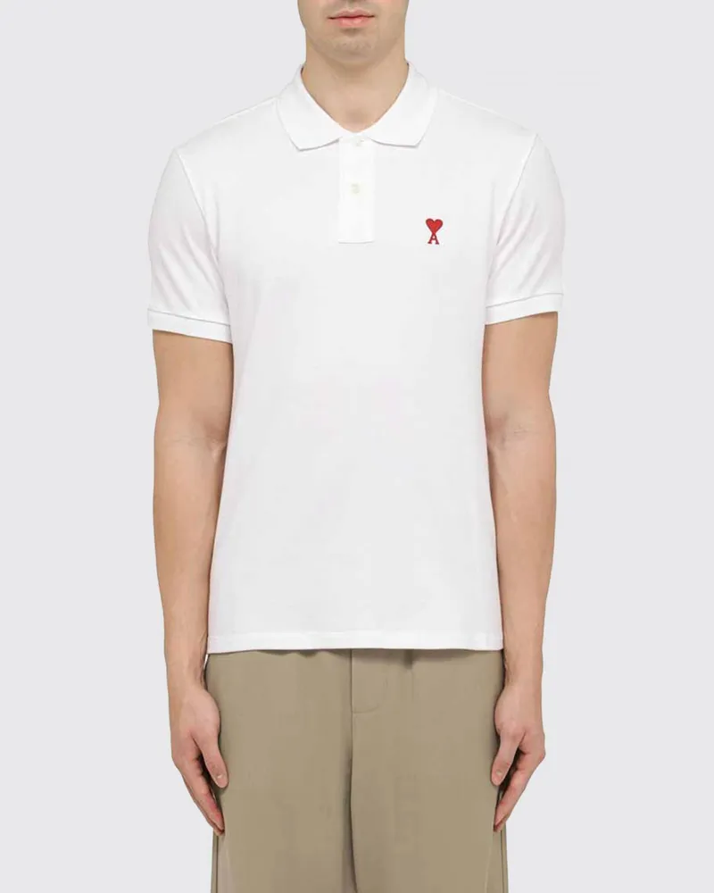 AMI Paris Slim-Fit-Polohemd aus Bio-Baumwolle mit gesticktem Logo auf der Brust Weiß