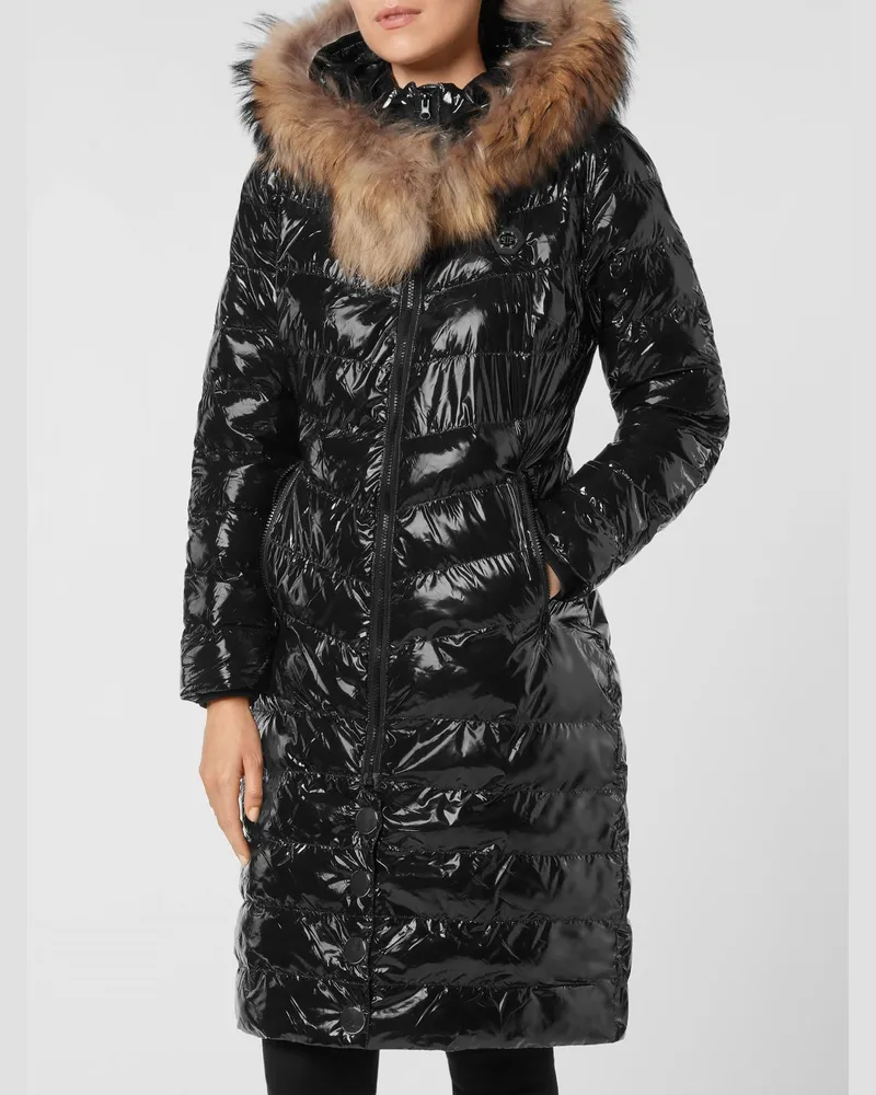 Philipp Plein Lange Slim-Fit-Daunenjacke aus Nylon mit Pelzkragen Schwarz