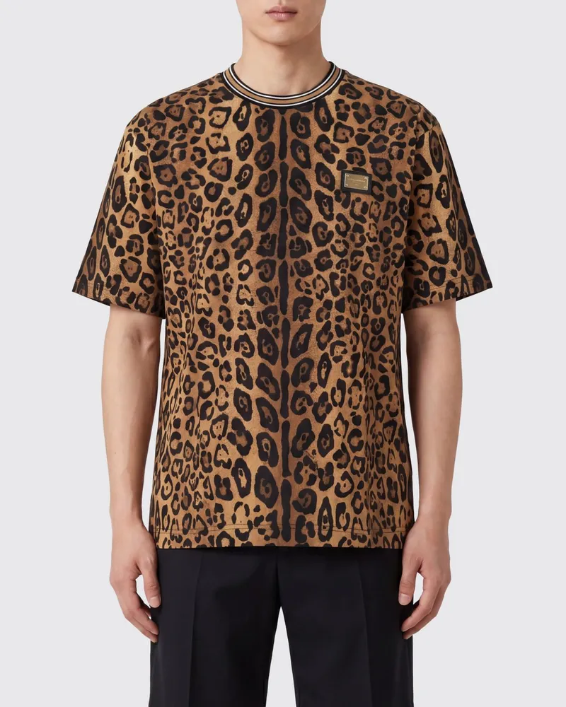 Dolce & Gabbana DOLCE  GABBANA Dolce & Gabbana T-Shirt aus Baumwolle mit Animal-Print und Kontrastprofilen Braun