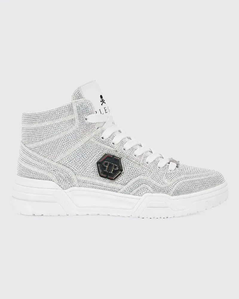 Philipp Plein Hexagon High-Top-Sneaker aus Leder mit Kristallapplikation Weiß
