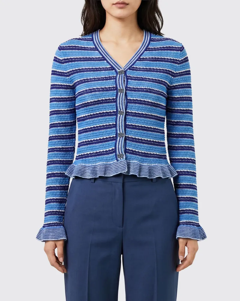 Ganni Gestreifter Slim Fit Baumwoll-Cardigan mit V-Ausschnitt Marine