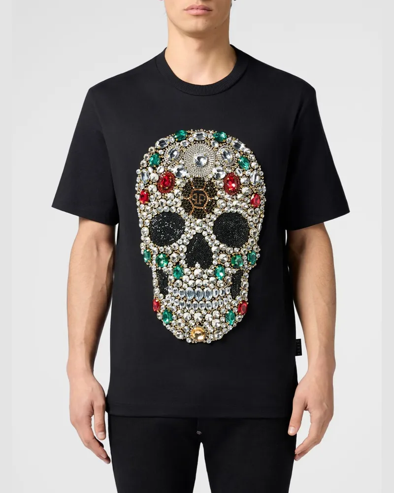 Philipp Plein Baumwoll-T-Shirt von mit Totenkopf-Print und Strass-Applikationen Schwarz