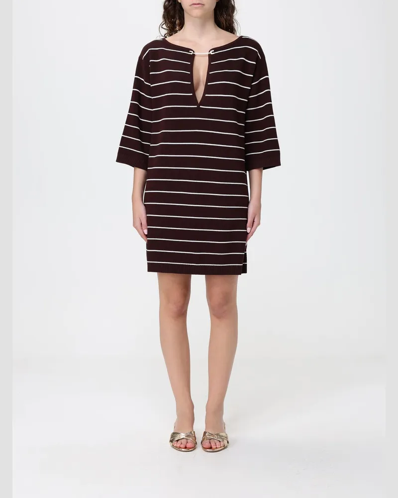 Elisabetta Franchi Gestreifter Mini-Kaftan aus Viskosemischung mit V-Ausschnitt Braun