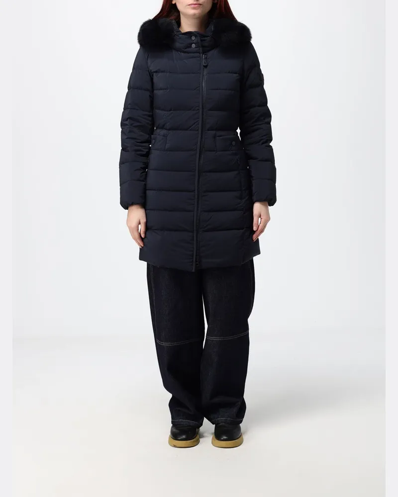 Peuterey Knielange gesteppte Nylon-Daunenjacke mit Shearling-Kapuze Blau