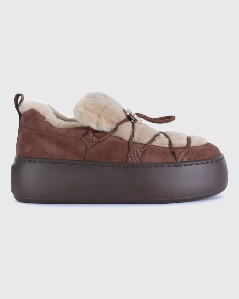 Roger Vivier Viv' Up Wildleder-Sneaker von mit Schmuckschnalle und Shearling-Futter Braun
