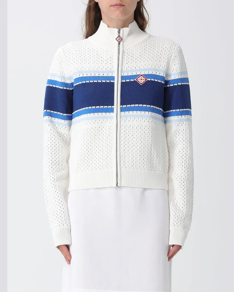 Casablanca Paris Gestreifte Sweatjacke aus perforiertem Strick mit Reißverschluss und Stehkragen Weiß