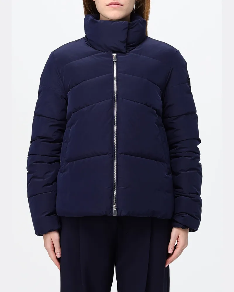 Pinko Kurze wasserabweisende gesteppte Nylon-Daunenjacke mit Stehkragen Blau