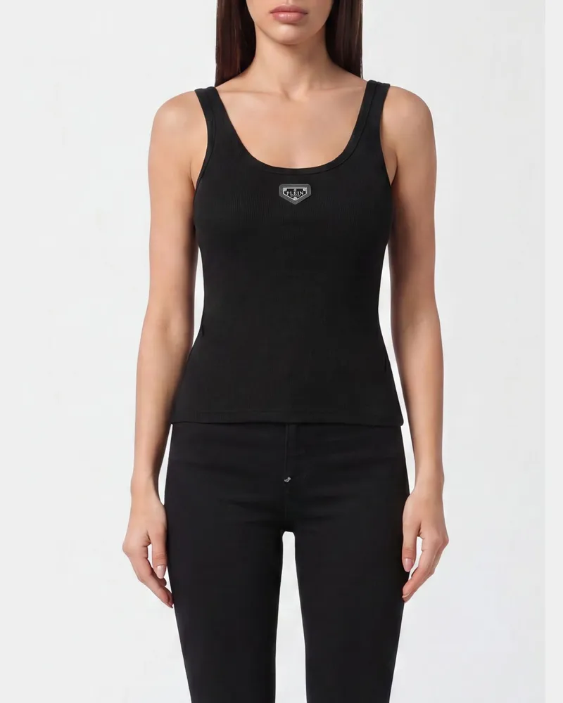 Philipp Plein Ärmelloses, geripptes Slim-Fit-Top aus Baumwollmischung mit Logo Schwarz