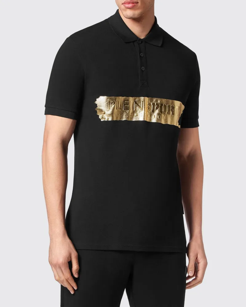 Philipp Plein Slim-Fit Polohemd aus Baumwolle von mit laminiertem Hexagon-Logo Schwarz