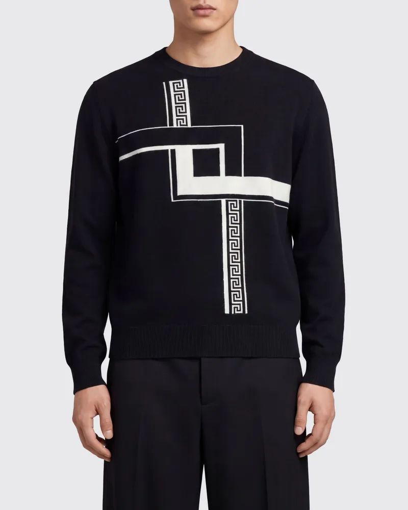 Versace Kaschmir-Rundhalspullover mit kontrastierendem Greca-Muster Schwarz