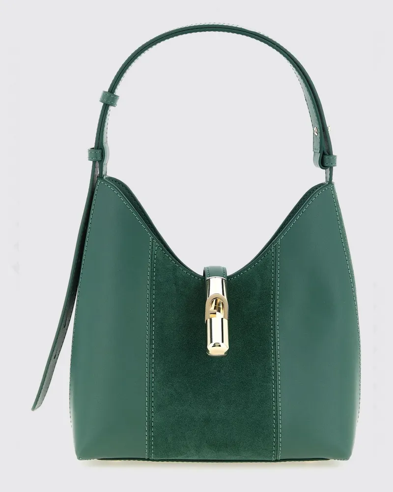 Furla Goccia Schultertasche aus Wildleder und Glattleder in ausgestellter Form Grün