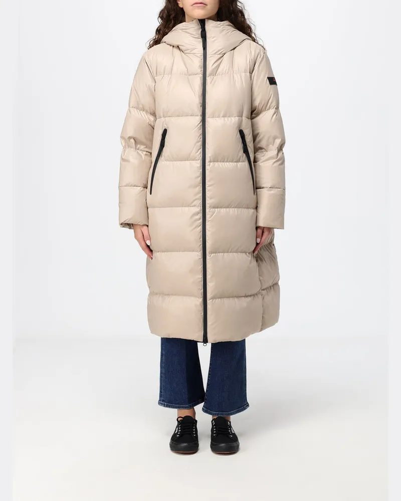 Peuterey Lange gesteppte Nylon-Daunenjacke mit Kapuze und Federfüllung Beige