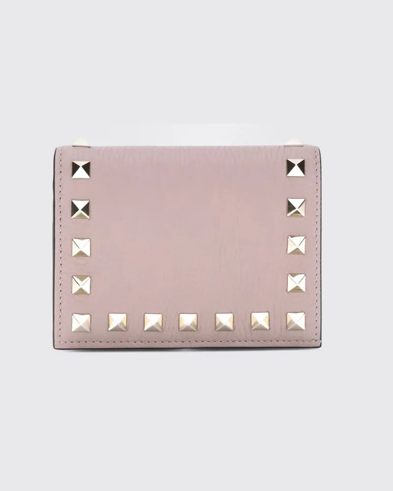 Valentino Garavani Kleines Bifold-Portemonnaie Rockstud aus genarbtem Kalbsleder mit Nieten Puder