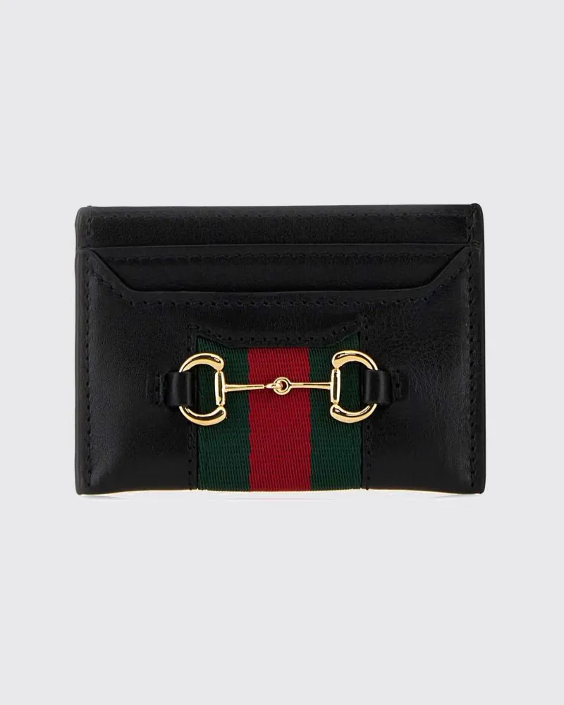 Gucci Kartenetui aus Glattleder mit Horsebit-Detail und goldfarbener Hardware Schwarz