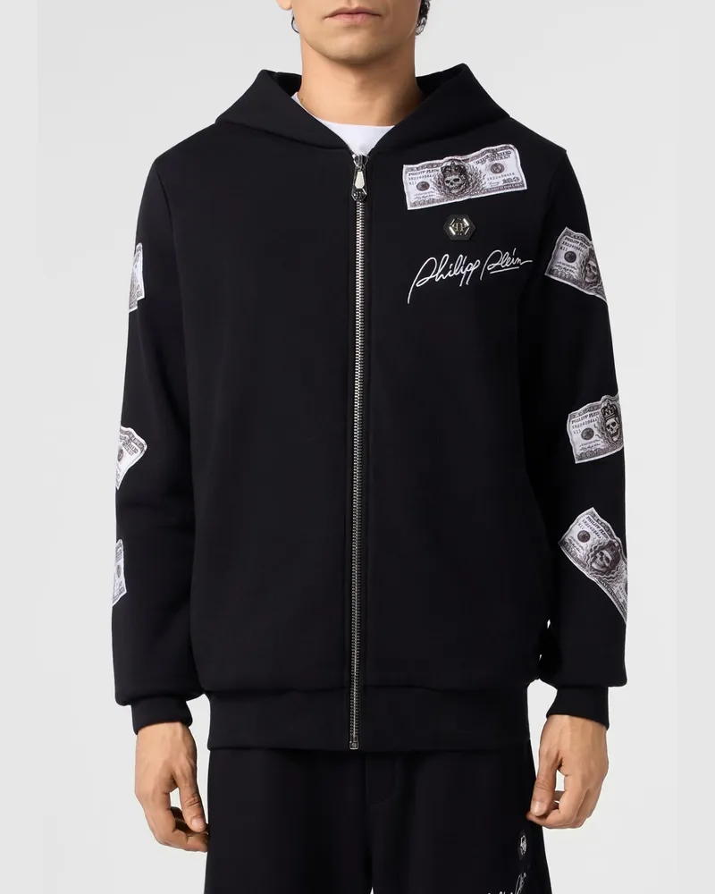 Philipp Plein Baumwoll-Kapuzenjacke mit Reißverschluss, Grafikdruck und Logo Schwarz