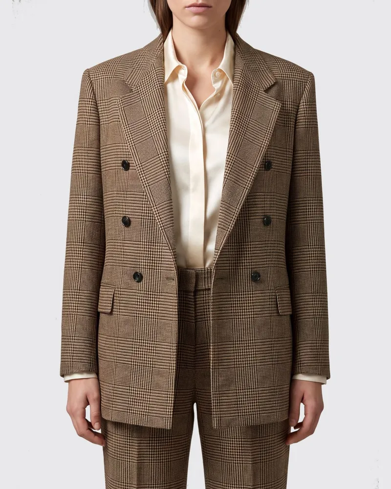 Tagliatore Zweireihiger Blazer mit Prince-of-Wales-Muster aus Wollmischung und aufgesetzten Taschen Braun