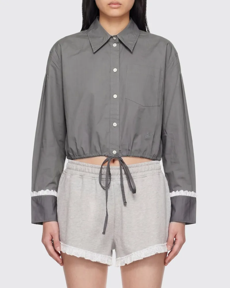 Ganni Cropped-Hemd aus Stretch-Baumwolle mit aufgesetzten Taschen und Kordelzug Grau