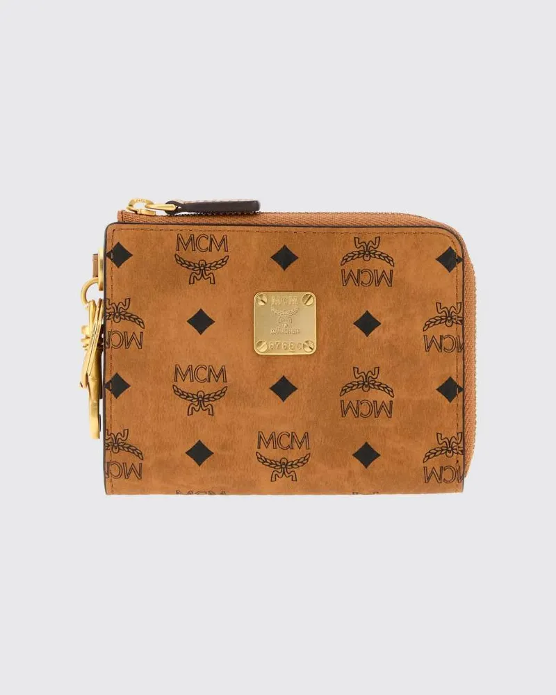MCM Flaches Portemonnaie Aren aus beschichteter Baumwolle mit Visetos-Print und Karabiner Braun