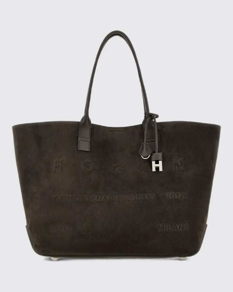 Hogan Tote-Tasche aus Velourskalbsleder mit doppeltem Griff und Innentasche Beige