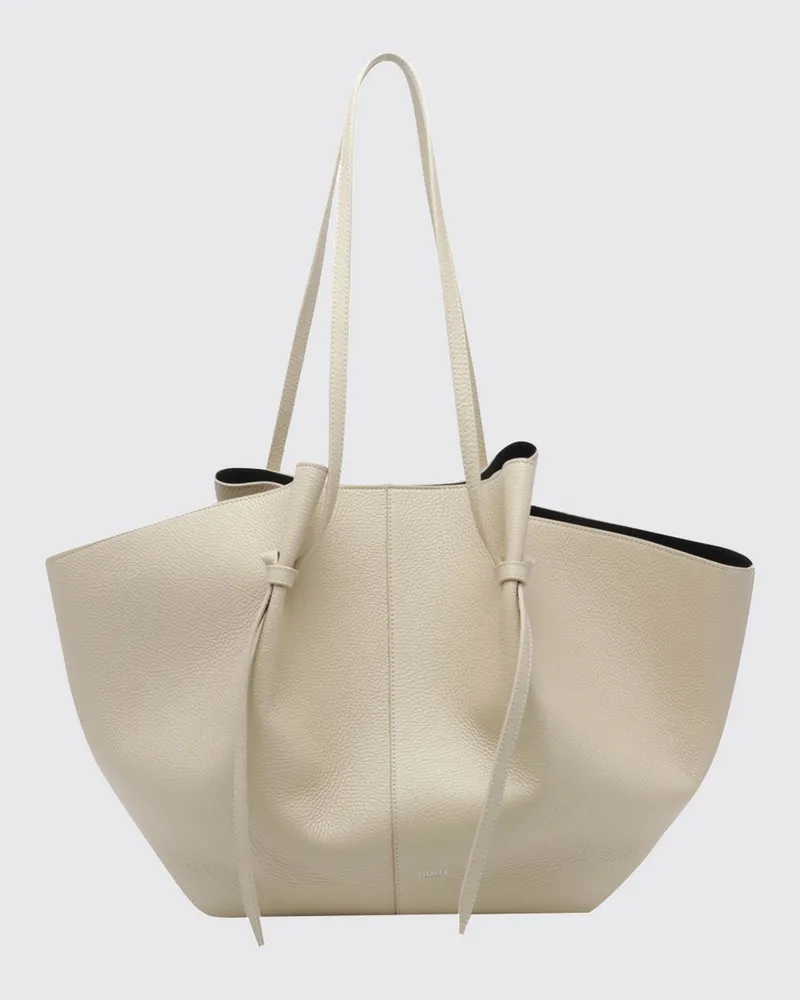 YUZEFI Große Mochi Schultertasche aus genarbtem Kalbsleder mit doppeltem Henkel Beige