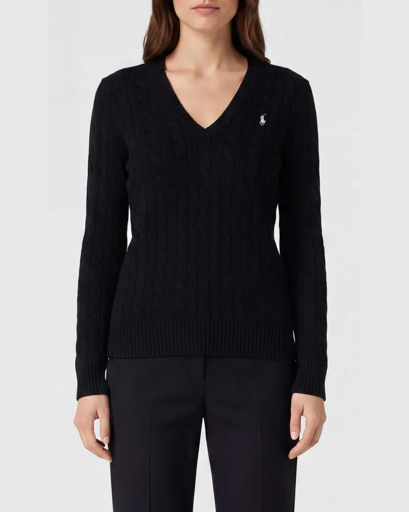 Ralph Lauren Slim-Fit Wollpullover mit V-Ausschnitt und gesticktem Pony-Logo Schwarz