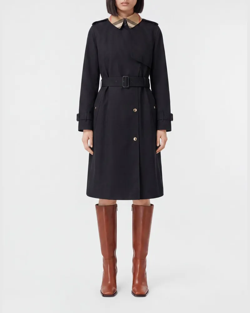 Burberry Schwarzer zweireihiger Trenchcoat aus Baumwolle mit Gürtel und Karokragen Schwarz