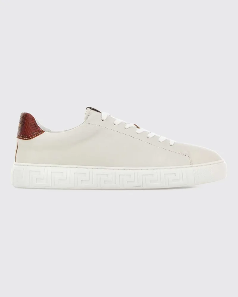 Versace Zweifarbige Low-Top-Sneaker aus Kalbsleder mit laminiertem Logo Weiß