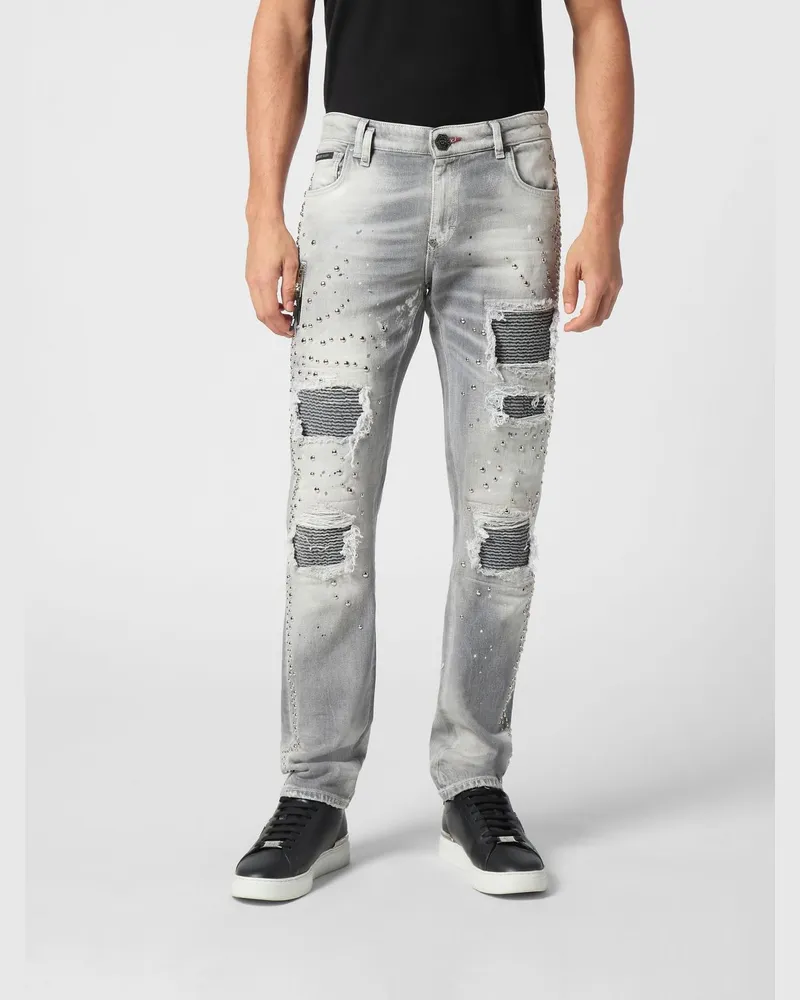 Philipp Plein Slim-Fit Jeans aus Stretch-Denim in Distressed-Optik mit Hexagon-Logo Grau