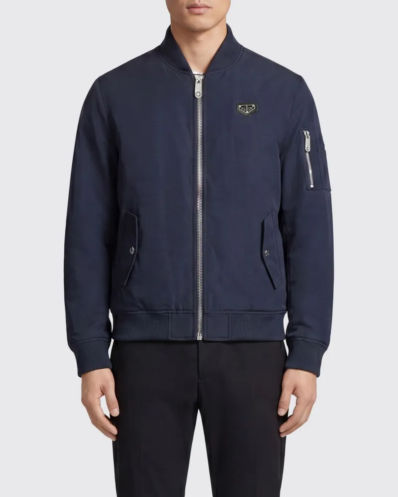 Philipp Plein Bomberjacke aus technischem Gewebe mit Kontrastlogo und Reißverschluss Blau