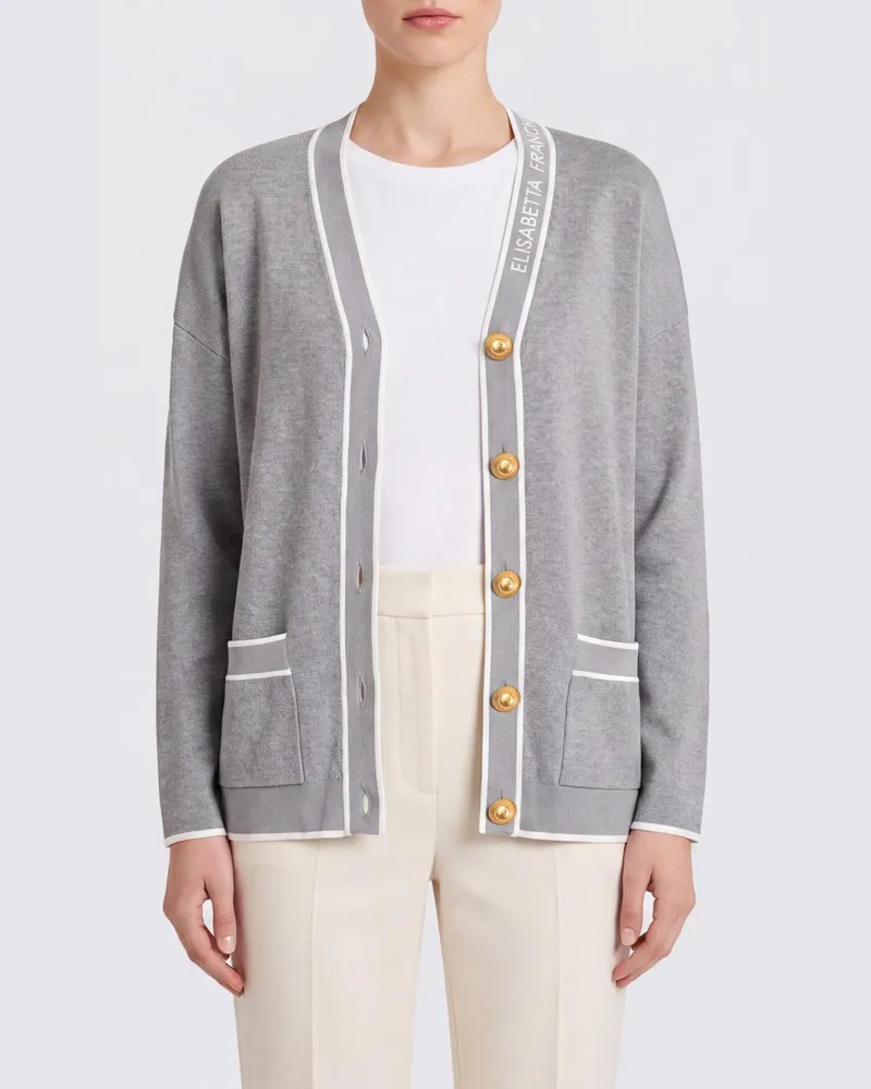 Elisabetta Franchi Strickjacke aus Schurwolle mit Kontrastbesätzen und Logo Grau