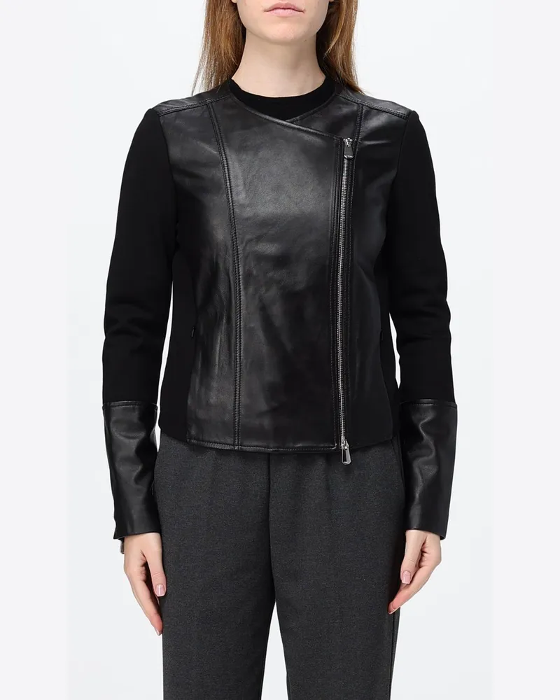 Pinko Kurze Bikerjacke aus Leder mit asymmetrischem Reißverschluss Schwarz