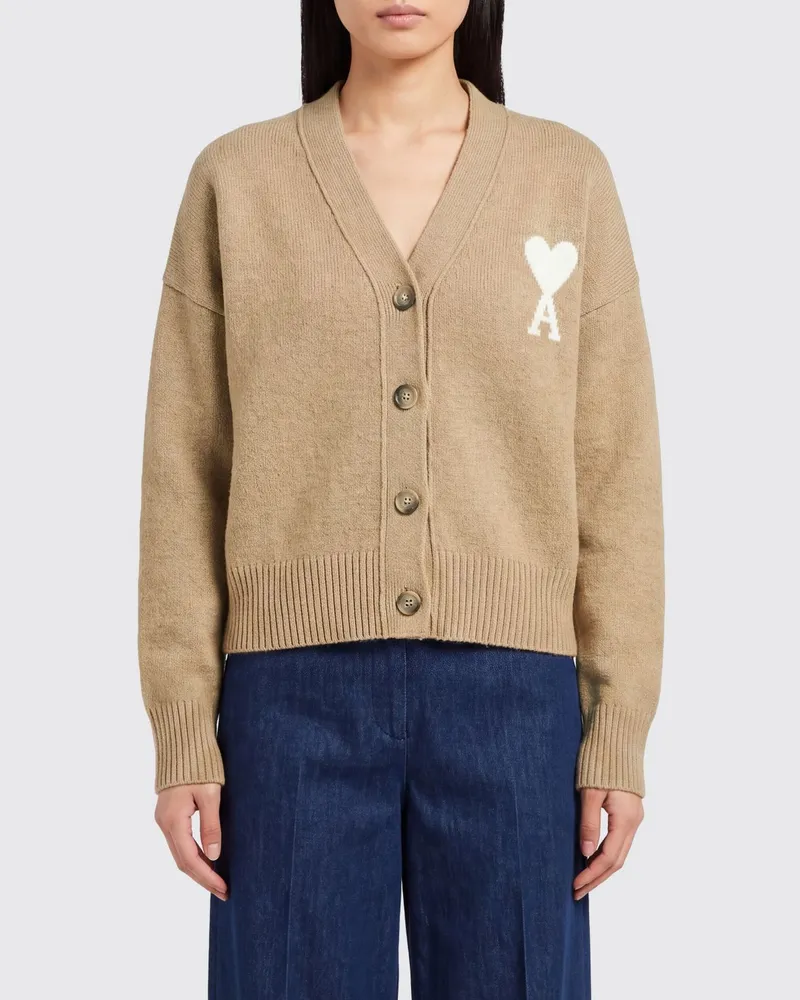 AMI Paris V-Ausschnitt-Cardigan aus Alpakawolle mit Jacquard-Logo Sand