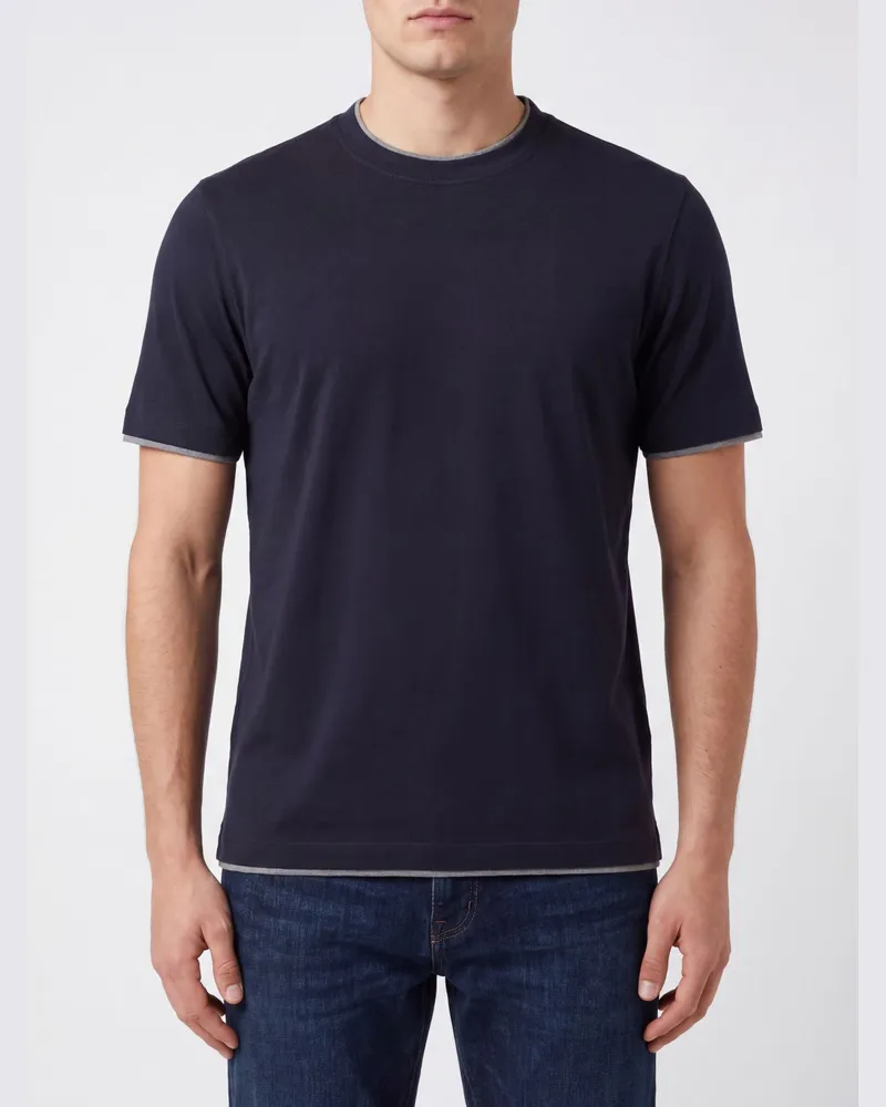 Brunello Cucinelli Rundhals-T-Shirt aus Baumwolle mit Kontrastbesatz Blau