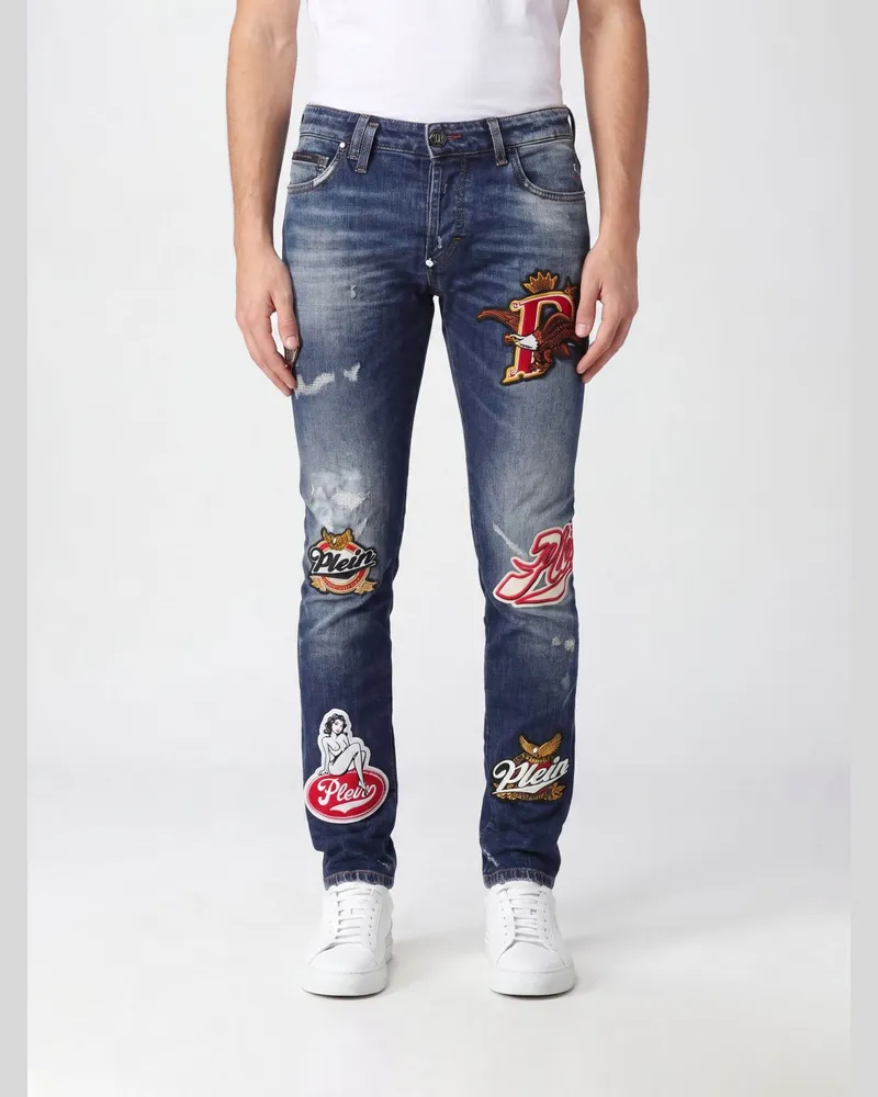 Philipp Plein Skinny-Jeans aus Baumwolldenim mit Patches und Used-Effekt Denim