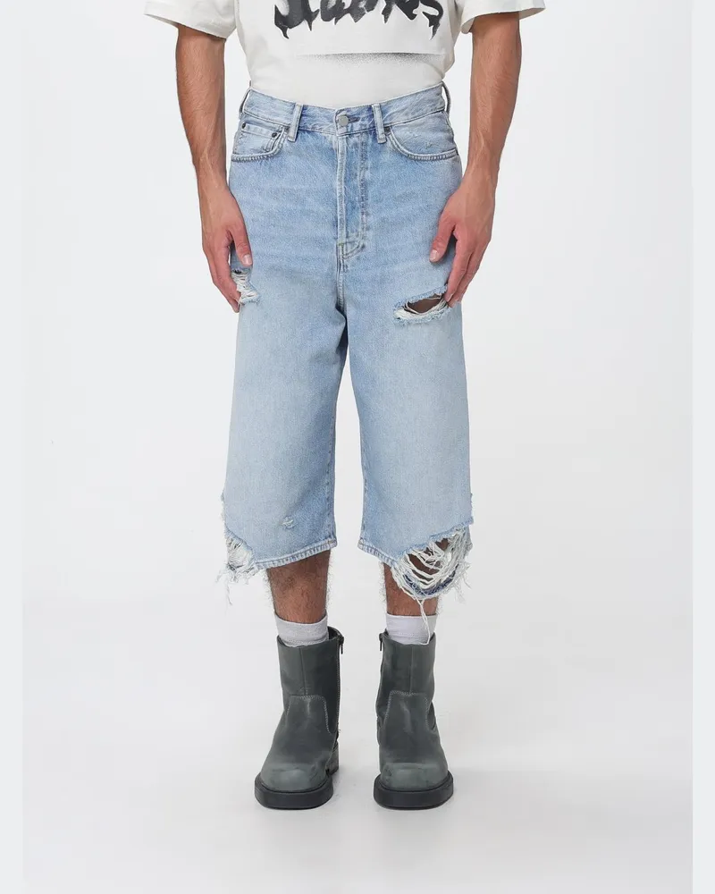Acne Studios Knielange Shorts aus Distressed-Denim mit offener Saumkante Hellblau
